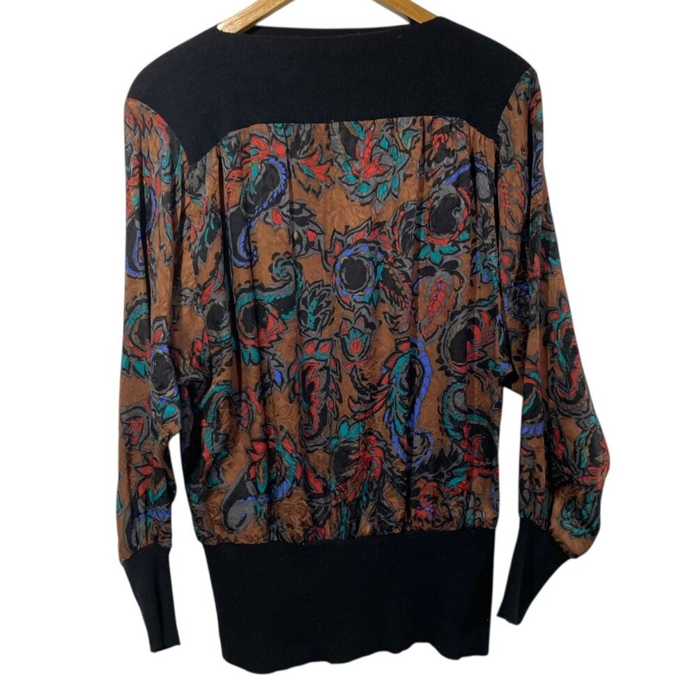 Vtg IBE Womens 100% Silk Blouse Dark Florals Black Knit Trim Sz 10 Artsy 80s